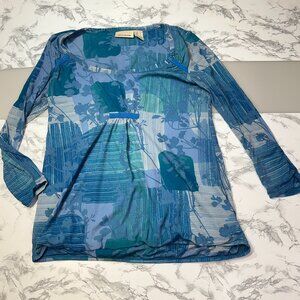 DKNY JEANS Shirt Top scoop Neck Blouse Large blue -Sheer  stretch sport floral L